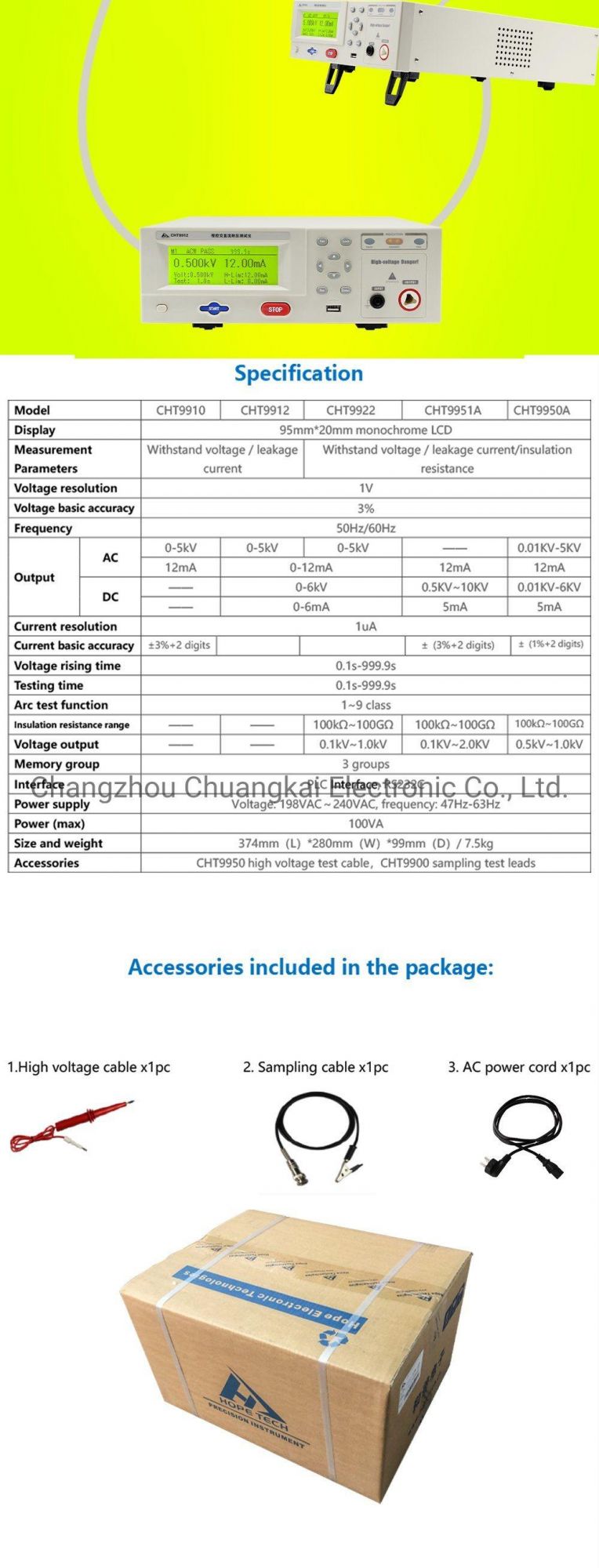 Cht9922 Hipot Tester AC DC Device Electrical Tester Insulation Resistance