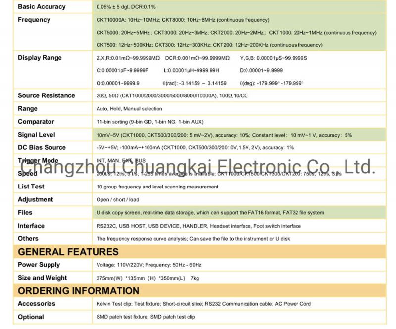 Ckt8000 Digital Lcr Bridge with Frequency Range 20Hz-8MHz