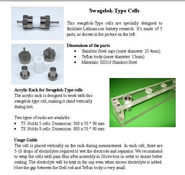 Swagelok Type Cell for Coin Cell Battery Research Battery Test Device