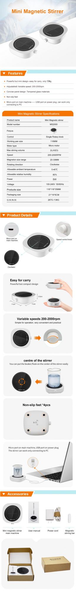 West Tune Ms2000 Magnetic Stirrer Plate Mixer 1000ml 2000rpm for Laboratory