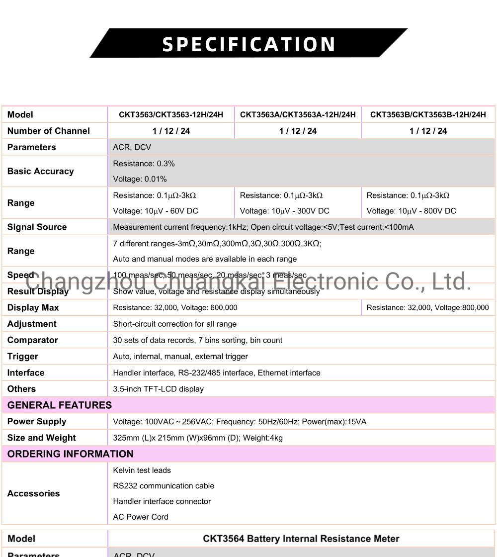 Multichannel Battery Tester AC Resistance Meter (Model CKT3563-12H)