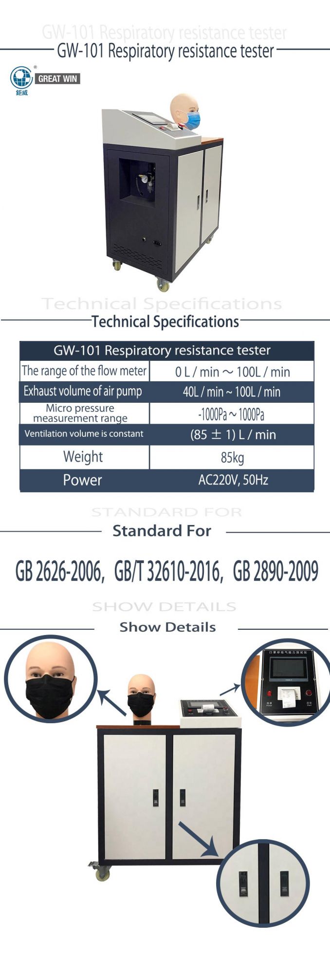 GB 2626-2006/GB/T 32610-2016/GB 2890-2009 Respiratory Resistance Tester (GW-101)