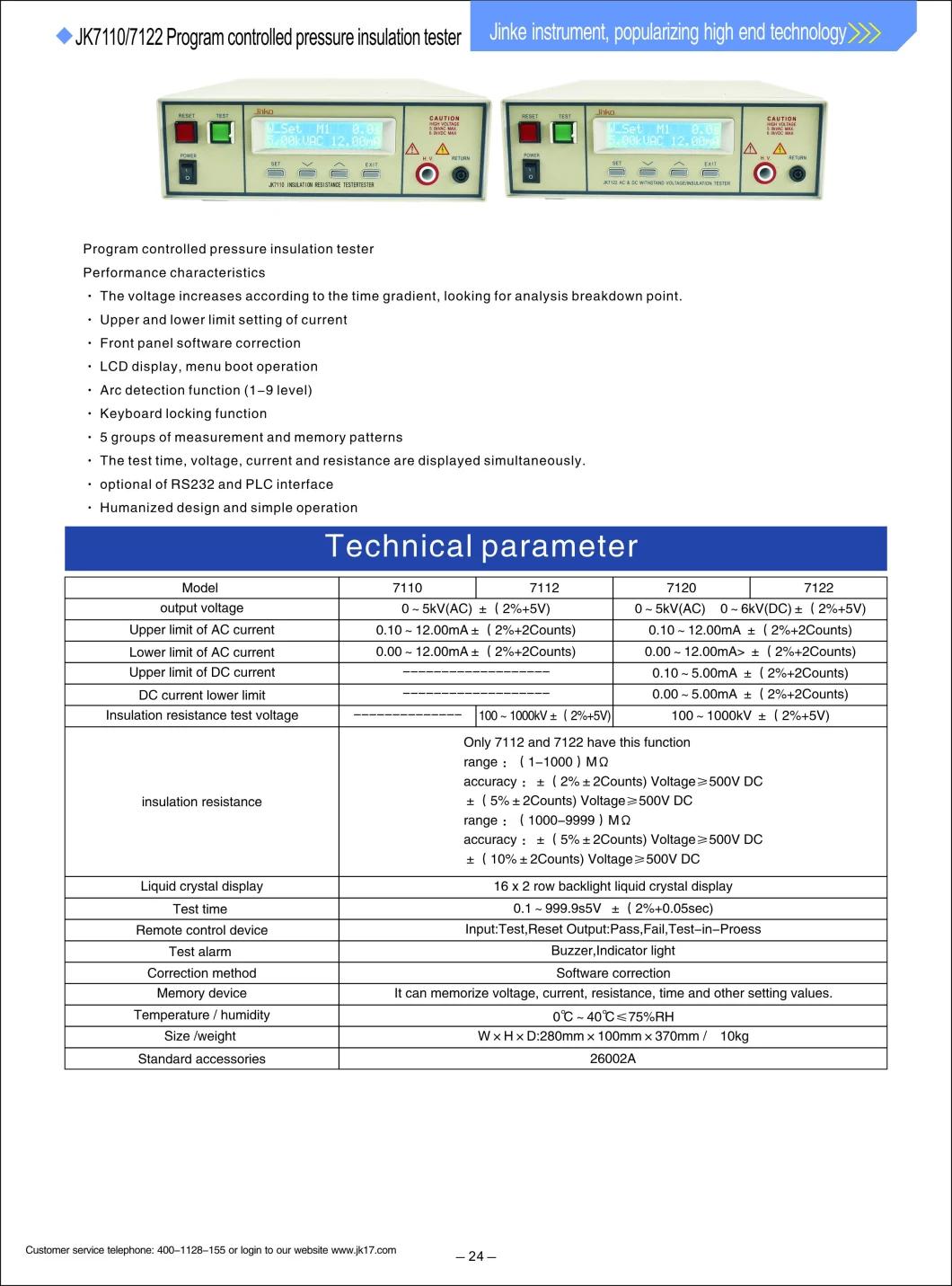 Jk7122 AC DC Withstand Voltage/Programmable Voltage Insulation Resistance Tester