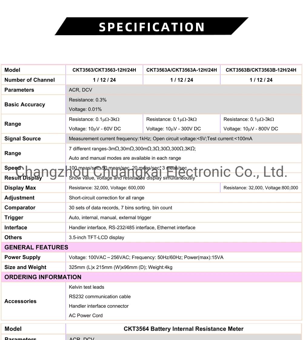 Multi-Channel Battery Internal Resistance Meter Battery Tester Measure (Model CKT3563-24H)