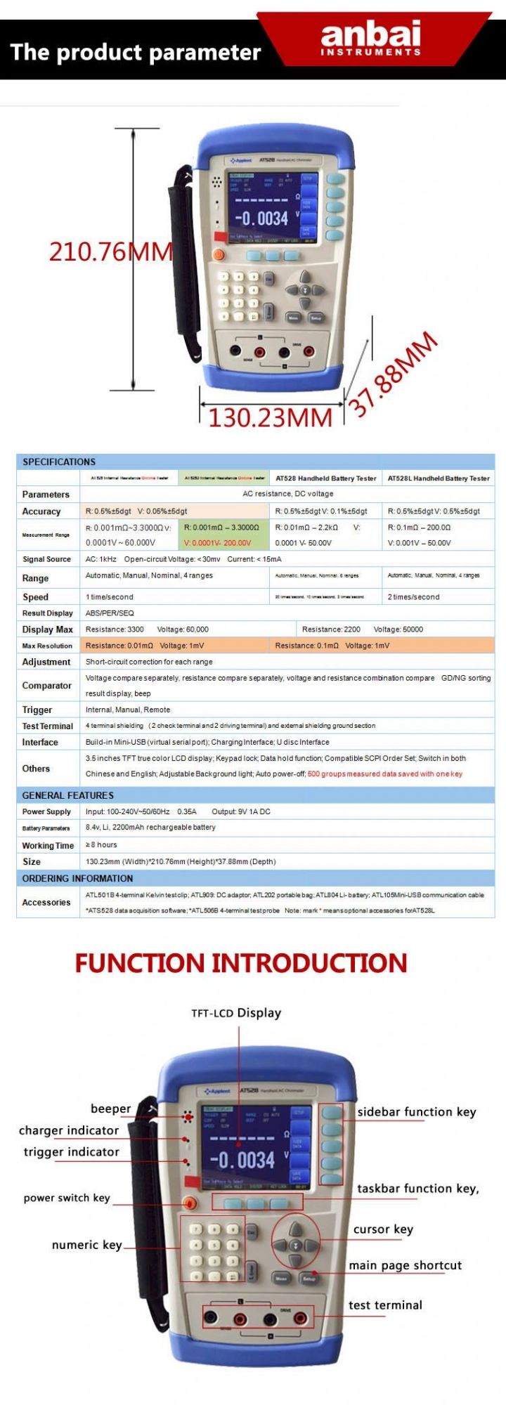 Portable Battery Internal Resistance Meter for Storage Battery Manufacturer (AT528)