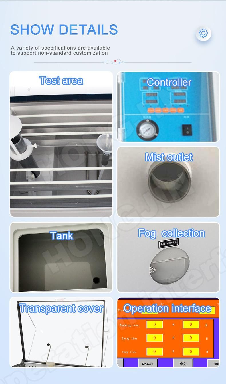 Hj-8 ASTM-B117 ISO 9227 Standards Nss Acss Cass Salt Spray Nozzle Corrosion Testing Equipment Salt Spray Fog Chamber